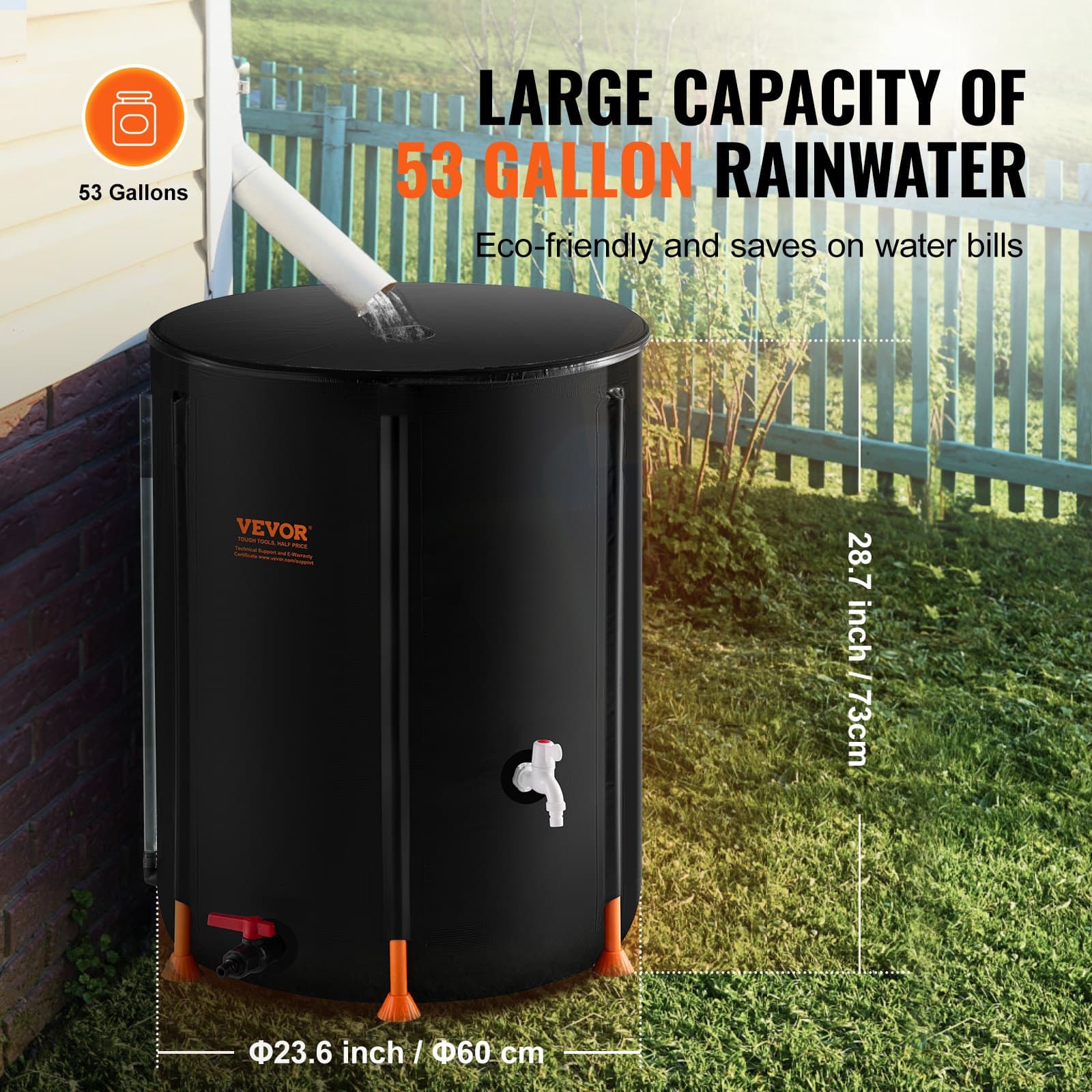 VEVOR Collapsible Rain Barrel 53 Gal Rain Catcher With Spigots And Overflow Kit 3